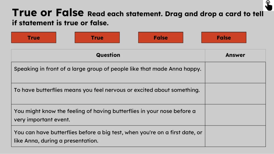 Four true-or-false statements check Anna’s feelings, the idiom’s meaning, body location, and example situations