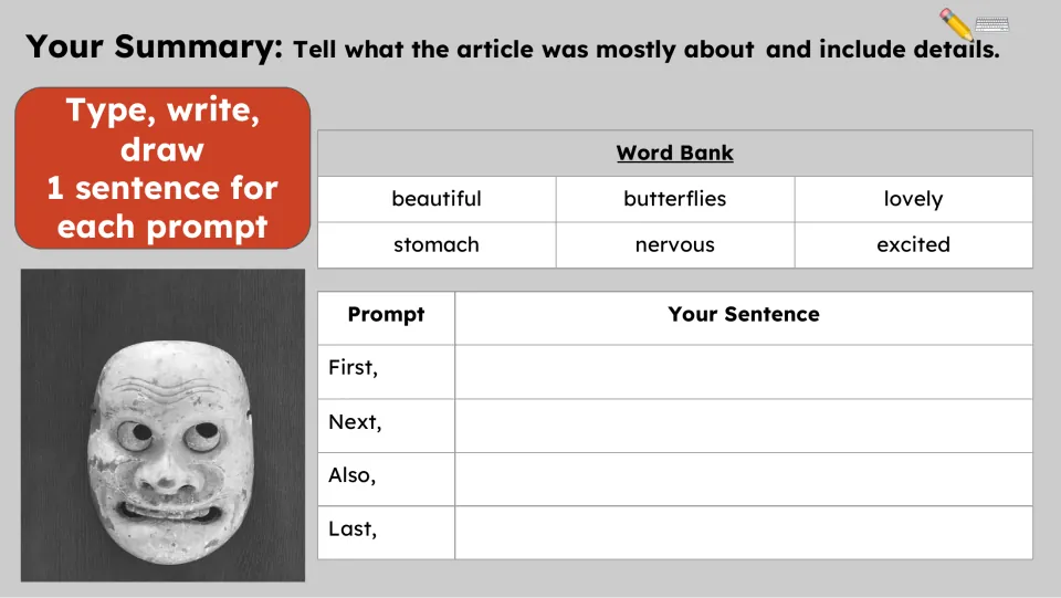 Summary activity asks for one sentence each using First, Next, Also, and Last, supported by a six-word bank