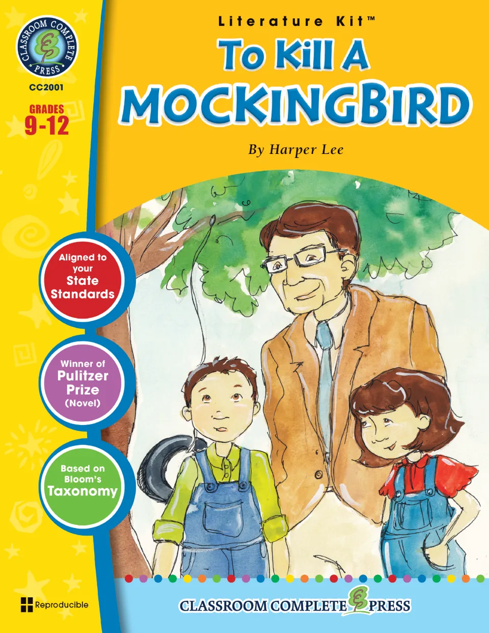To Kill a Mockingbird literature kit cover by Harper Lee, with a watercolor of a father and two children under a tree