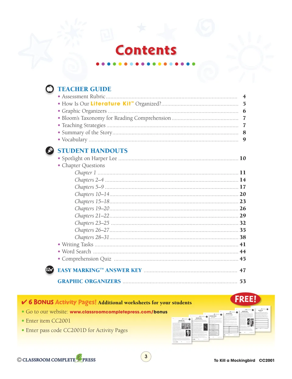 Contents listing teacher guide pages, chapter question sets from Chapter 1 to 28-31, writing tasks, quiz and answer key