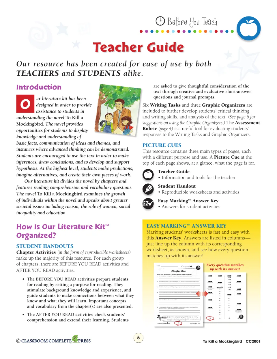 Teacher guide introduction explaining before and after you read activities, picture cues and the Easy Marking answer key