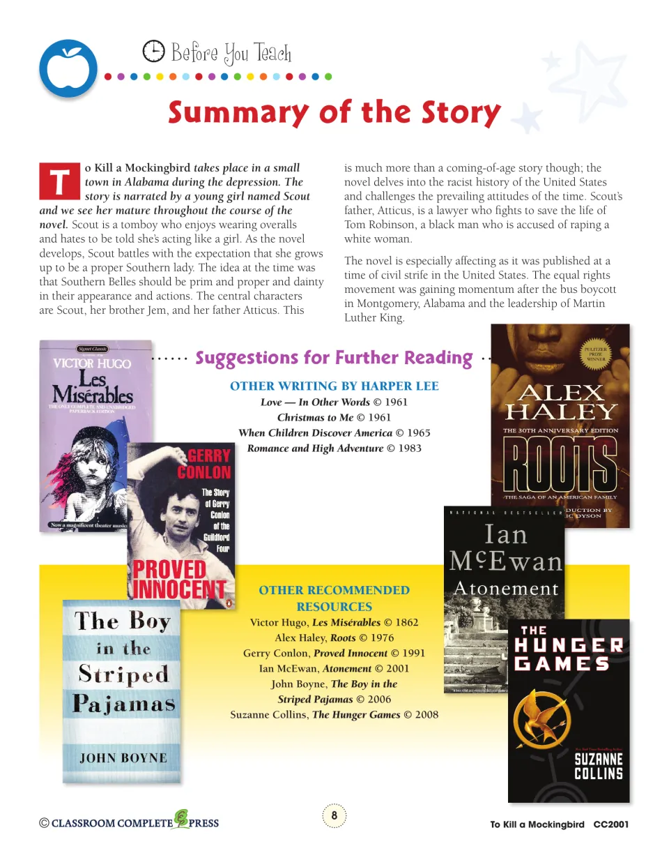 Story summary of Scout, Jem and Atticus in Depression-era Alabama, with further reading by Harper Lee and related titles