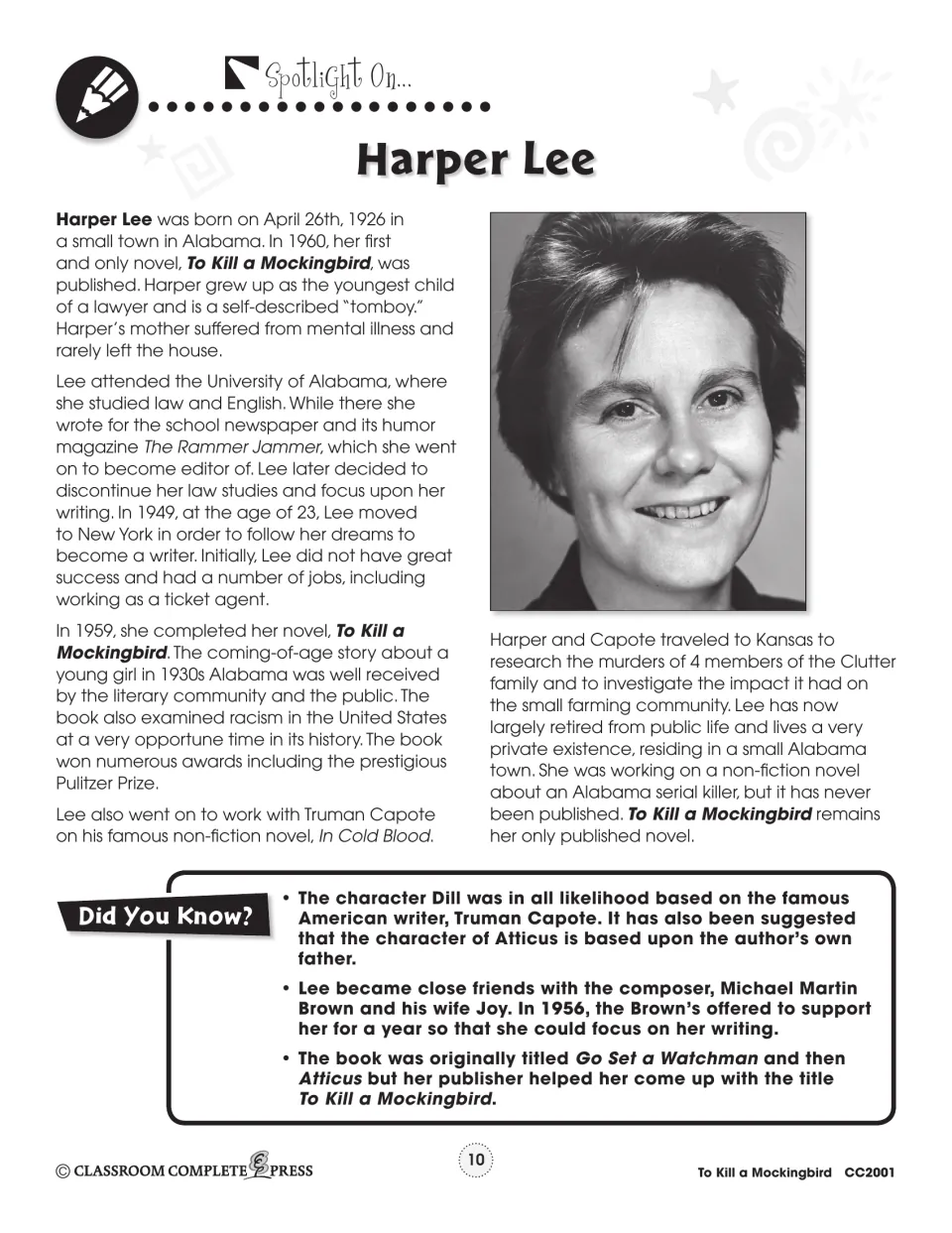 Harper Lee biography handout with photo: Alabama childhood, law studies, move to New York and Did You Know facts