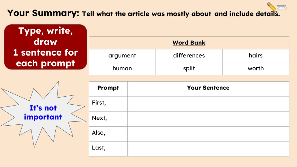 Summary activity asks for one sentence each using First, Next, Also, and Last, supported by a six-word bank.