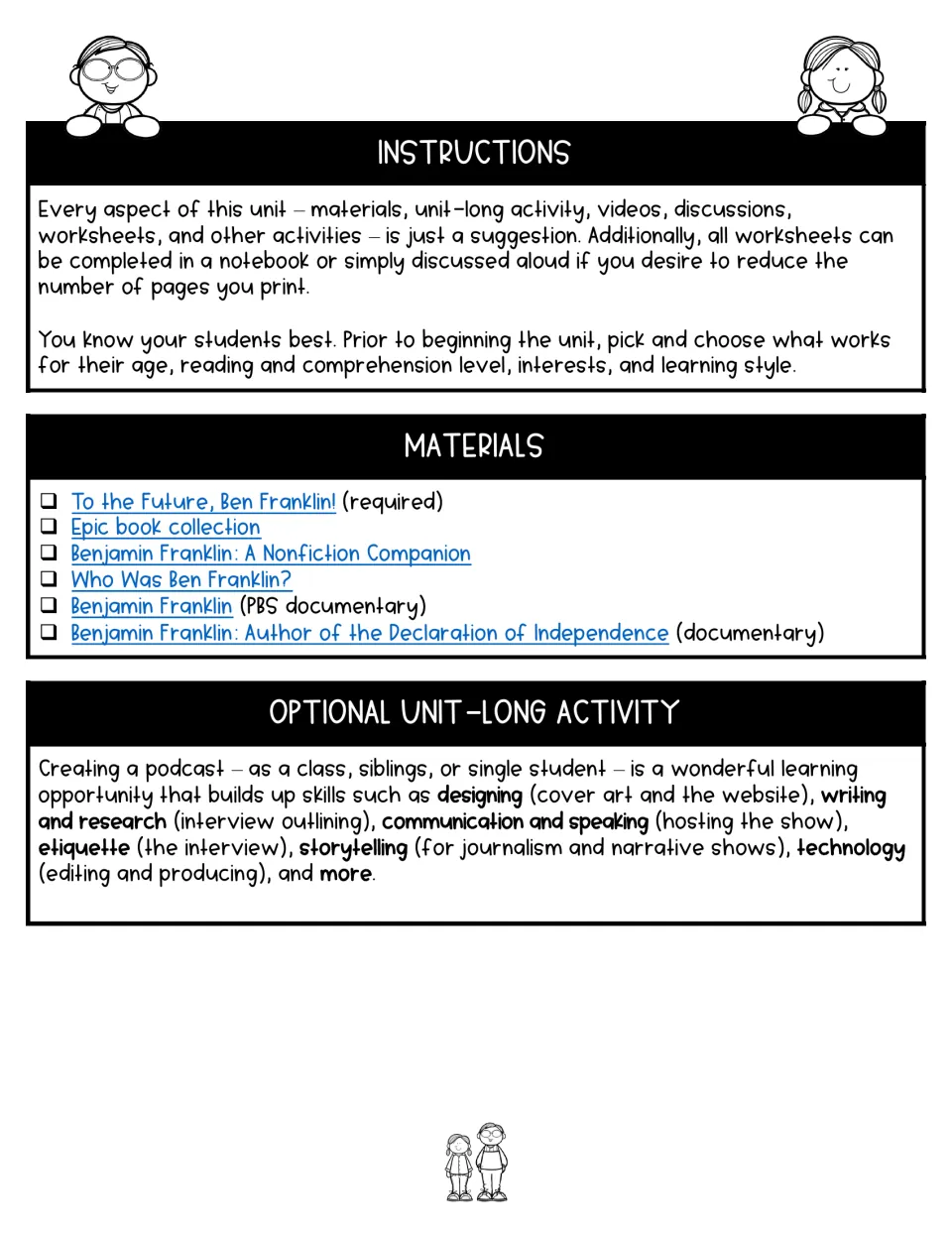 Unit guidance lists required and optional reading materials and suggests creating a podcast throughout the unit