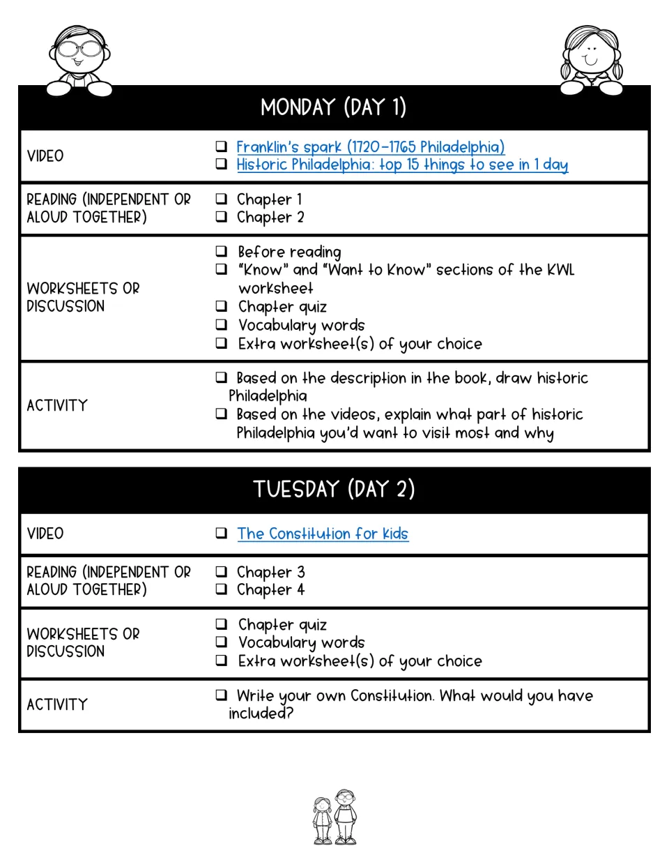 Days 1–2 assign chapters 1–4, quizzes, vocabulary, historic Philadelphia activities, and Constitution writing
