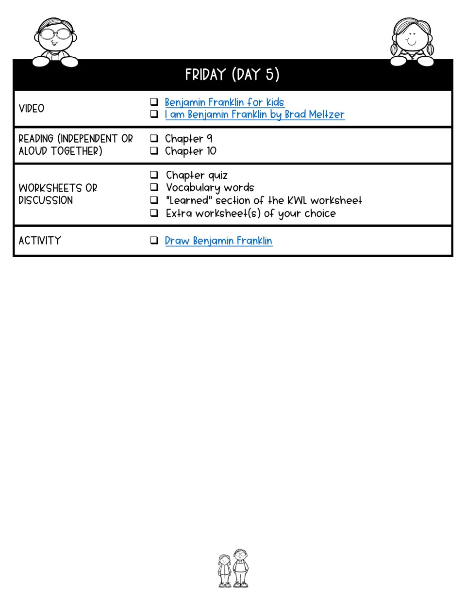 Day 5 assigns chapters 9–10, a quiz, vocabulary, the KWL Learned section, and a Benjamin Franklin drawing