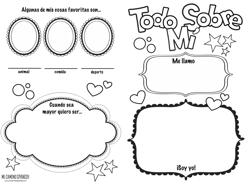 Booklet cover and back: students write their name, draw themselves, and add a favorite animal, food and sport
