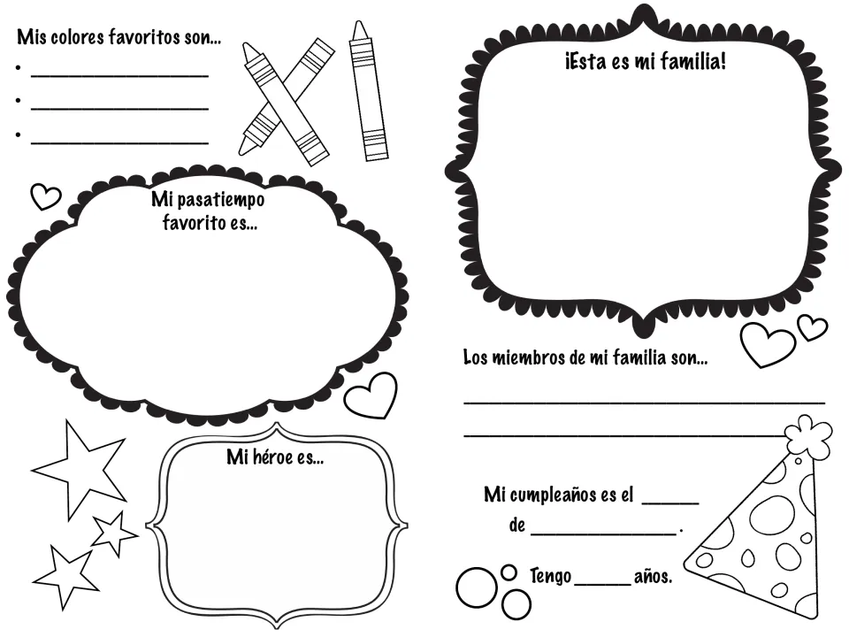 Inner booklet pages: students list favorite colors, hobby, hero, family members, birthday and age, and draw their family