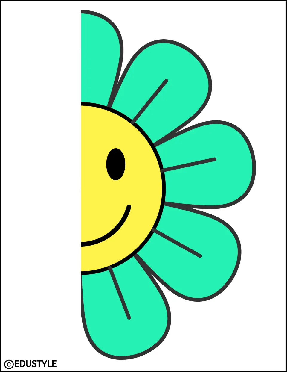 Right half of an enlarged green flower with a yellow smiling center, completing the spring kit's two-page flower