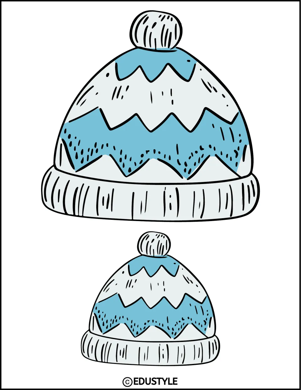 Winter bulletin board or door decorations: two light blue and white zigzag hats printed in different sizes
