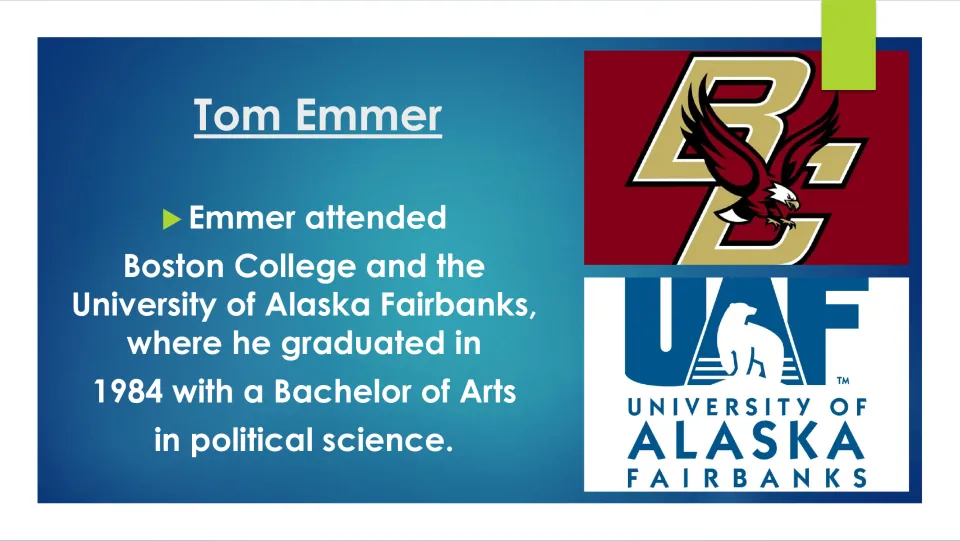 College biography slide covering Boston College and Tom Emmer’s 1984 political science degree at Alaska Fairbanks