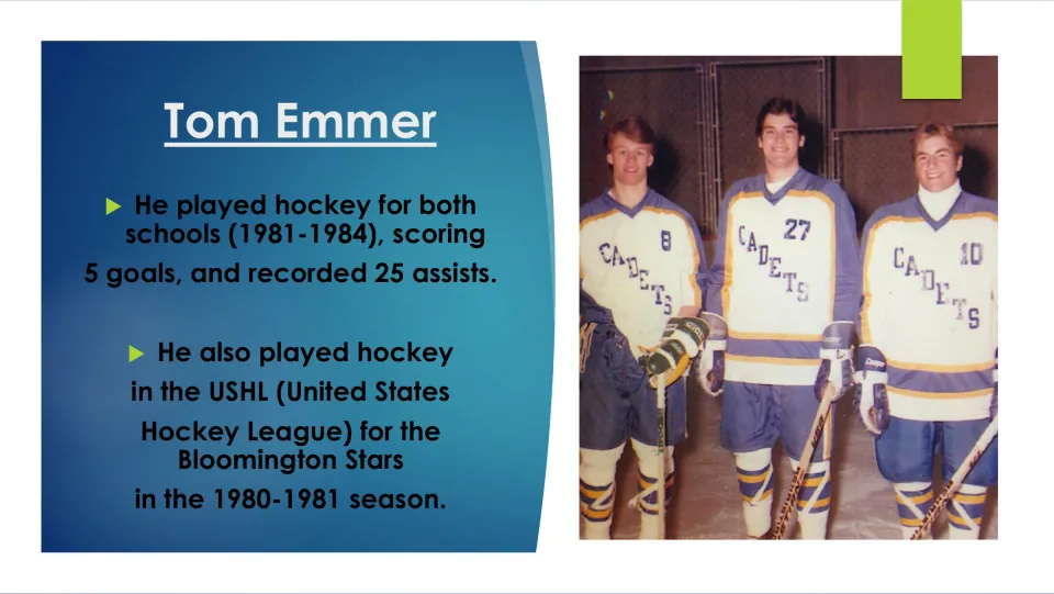 Hockey biography slide covering Tom Emmer’s college play, 5 goals, 25 assists, and Bloomington Stars season