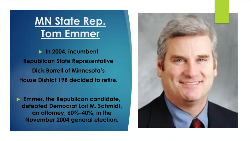 State government biography slide detailing Tom Emmer’s 60%–40% win over Lori M. Schmidt in the 2004 election