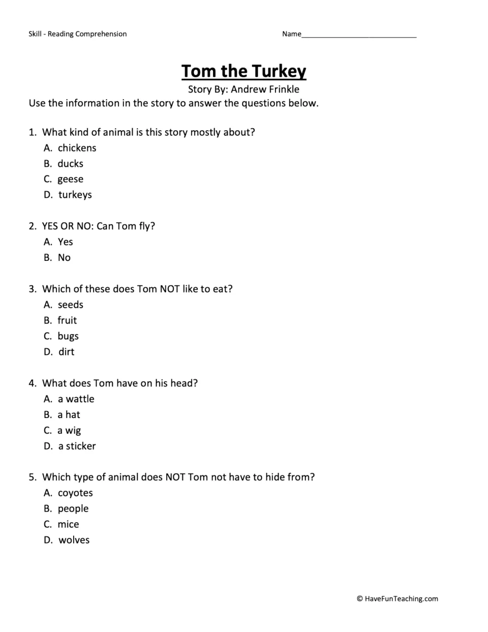 Turkey story questions: students answer five multiple-choice items on Tom's food, wattle, flying and who he hides from