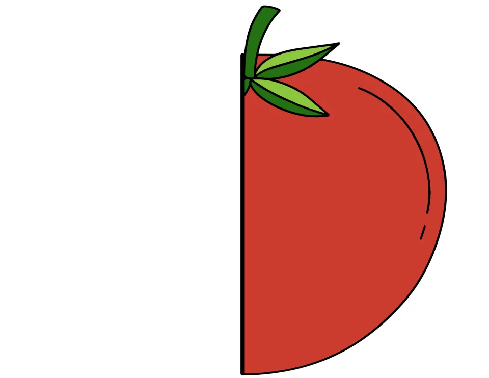 Tomato cover cut-out piece in color: right half of a red tomato with a green stem and leaves for the front of the foldable
