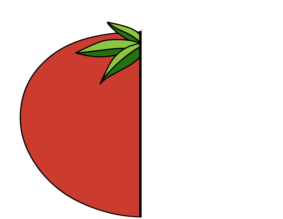 Color cut-out piece for the other side: left half of a red tomato with green leaves that pairs with the right-half flap