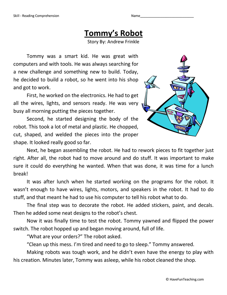 Tommy s Robot Reading Comprehension Worksheet By Teach Simple