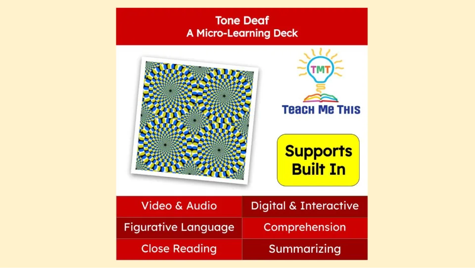 Tone Deaf micro-learning deck cover lists video, audio, figurative language, comprehension, and summarizing.