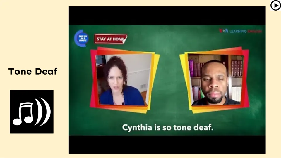 Video lesson slide shows two speakers and a subtitle describing Cynthia as an example of the idiom.