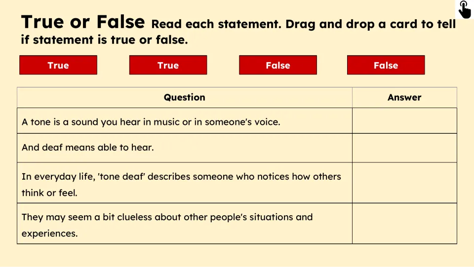 True-or-false activity checks four statements about tone, hearing, noticing feelings, and being clueless.