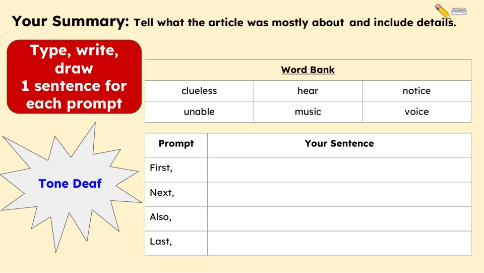 Summary activity asks for one sentence each using First, Next, Also, and Last, supported by a six-word bank.