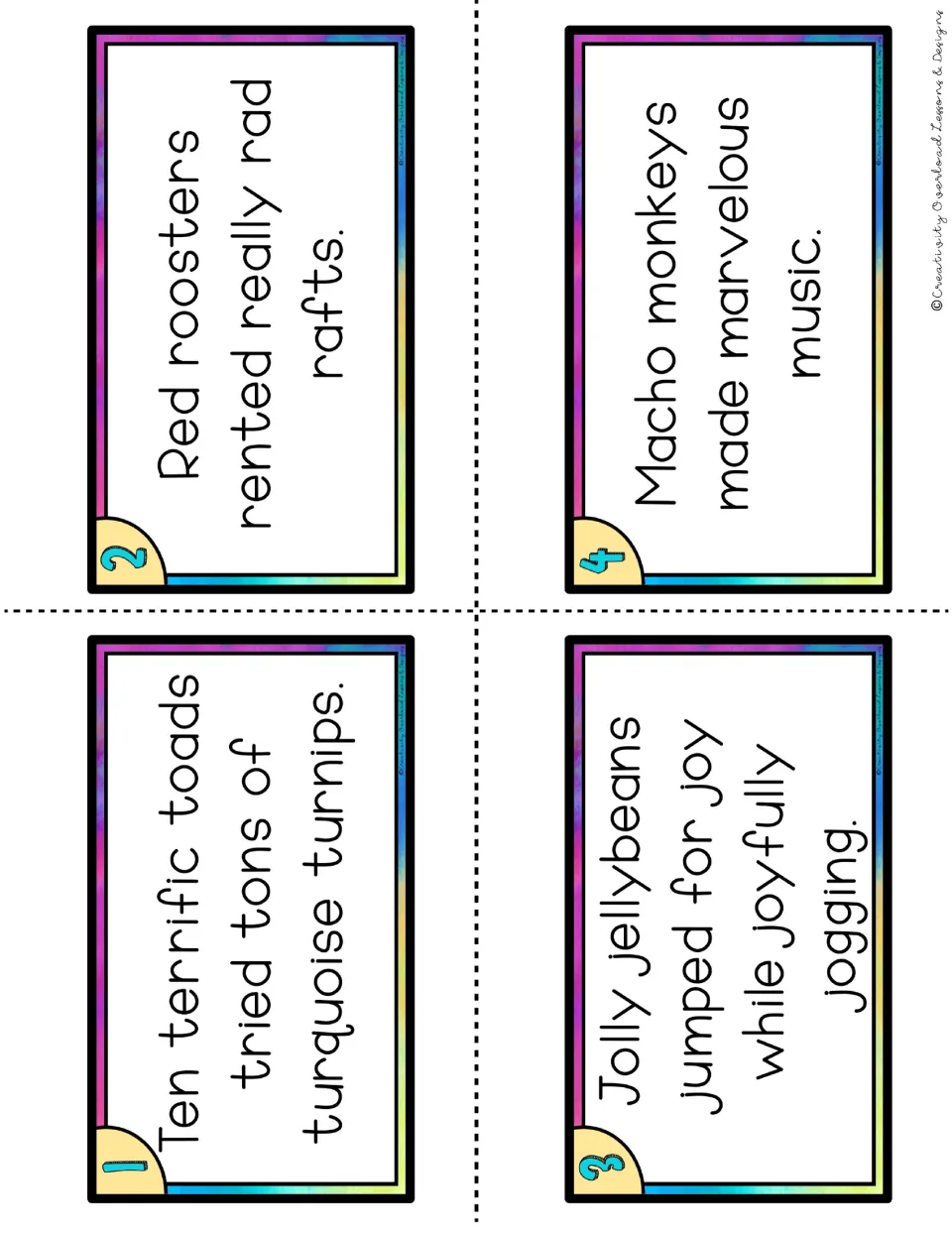 Tongue twister cards 1-4 to read aloud, alliterating on t, r, j and m: Ten terrific toads tried tons of turquoise turnips