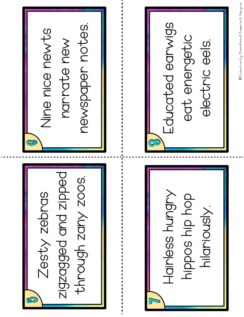 Tongue twister cards 5-8 to say aloud on z, n, h and e sounds: Zesty zebras zigzagged and zipped through zany zoos