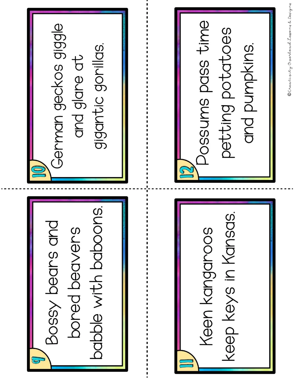 Tongue twister cards 9-12 repeating b, g, k and p sounds, such as Keen kangaroos keep keys in Kansas, for reading aloud