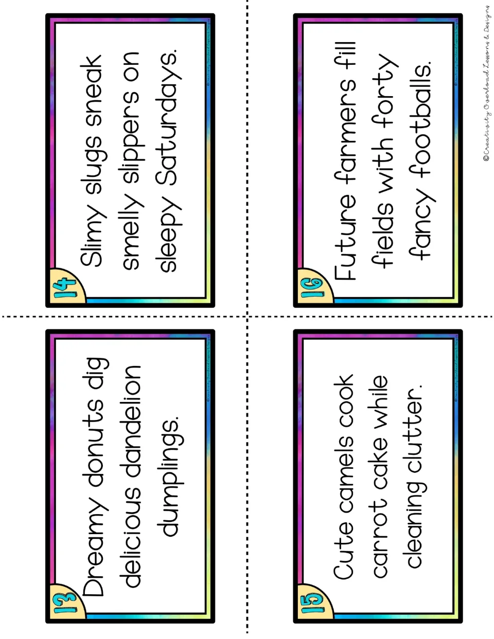 Tongue twister cards 13-16 to say aloud on d, s, c and f sounds: Slimy slugs sneak smelly slippers on sleepy Saturdays