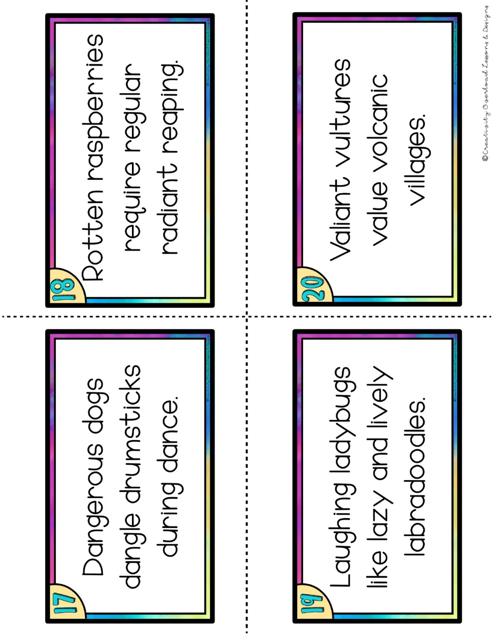 Tongue twister cards 17-20 on d, r, l and v sounds, such as Valiant vultures value volcanic villages, to say aloud