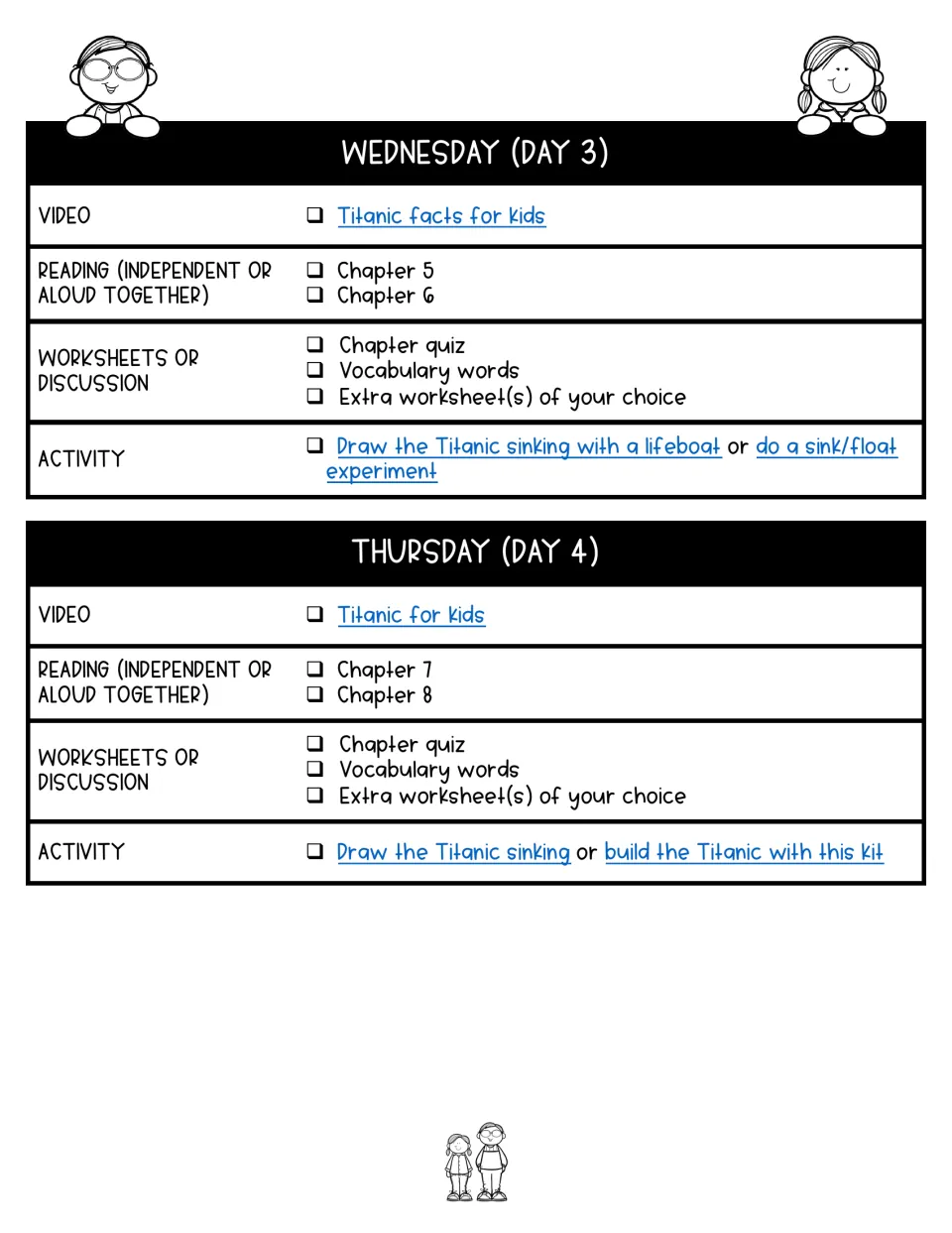 Days 3–4 lesson plans assign chapters 5–8, Titanic videos, quizzes, vocabulary, and drawing or building activities