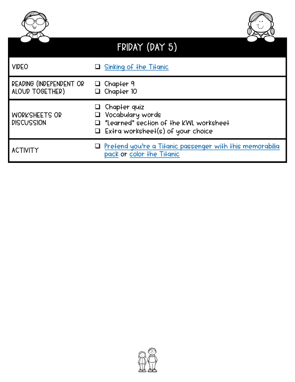 Day 5 lesson plan assigns chapters 9–10, a Titanic video, quiz, vocabulary, KWL reflection, and activity choices