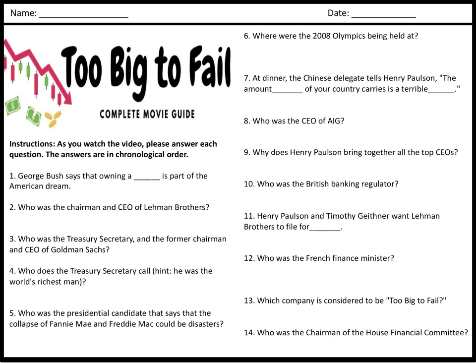 2008 financial crisis movie questions 1-14: students answer in order on Lehman Brothers, Paulson, AIG and Fannie Mae