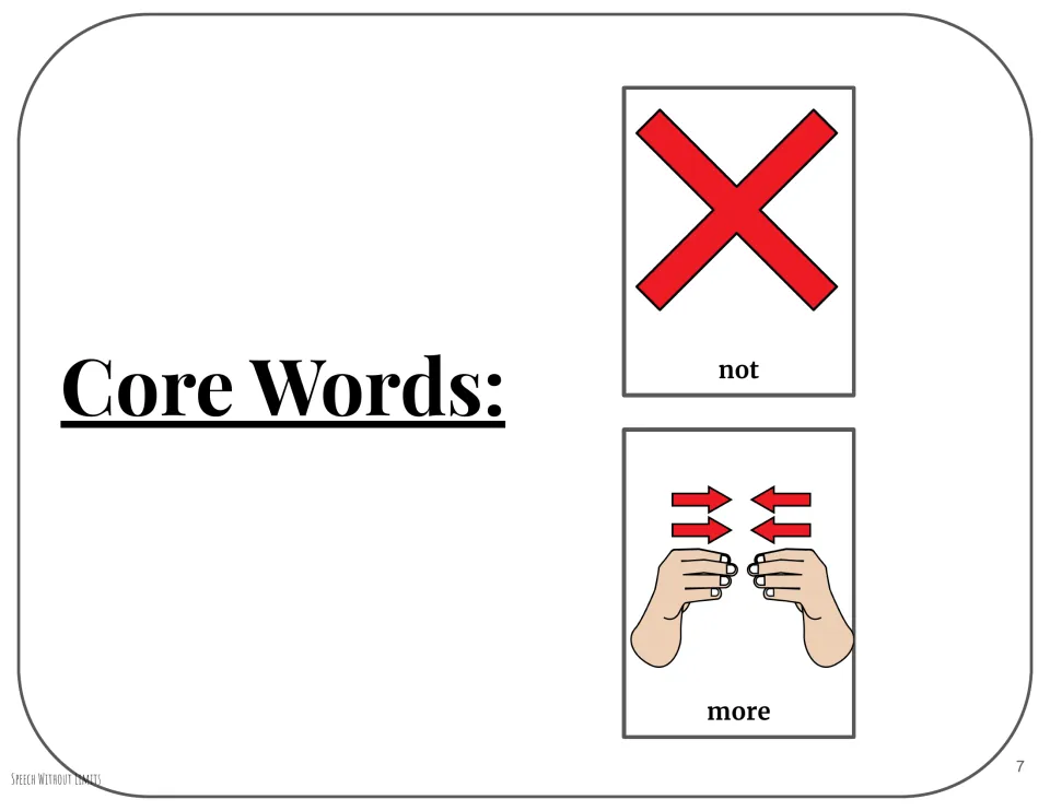 Core vocabulary page introduces not with a red X and more with a hand-sign illustration for the book companion