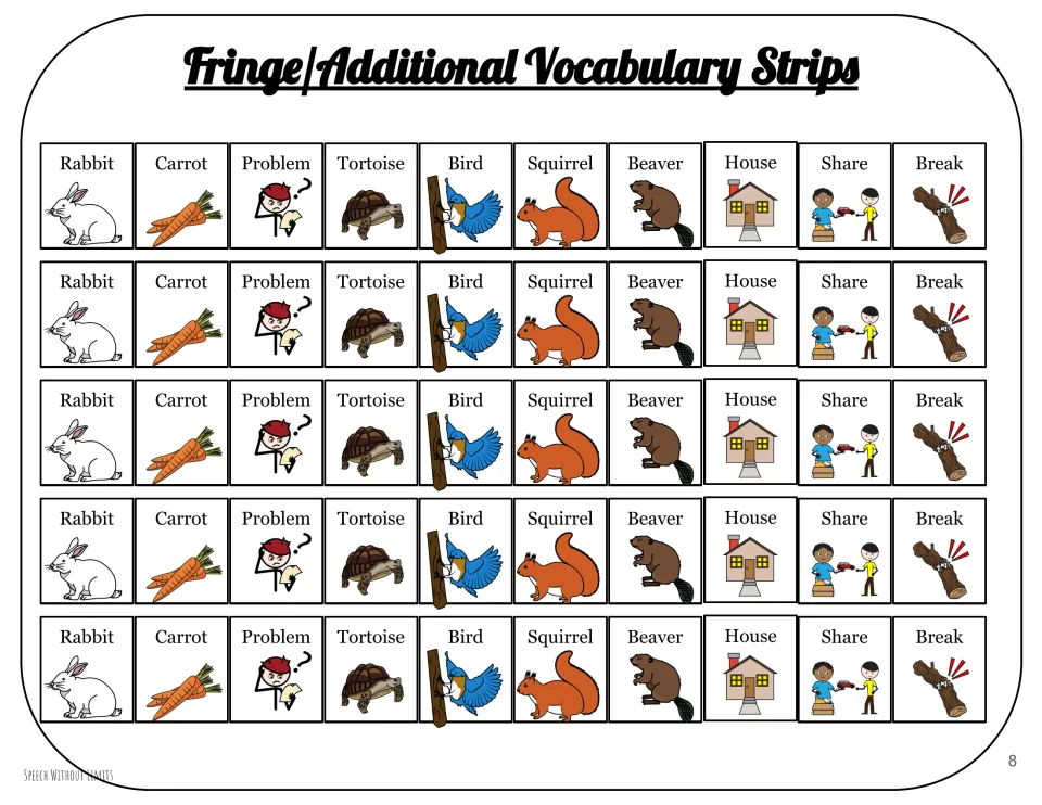 Five copies of a 10-word picture vocabulary strip: rabbit, carrot, problem, tortoise, bird, and five more