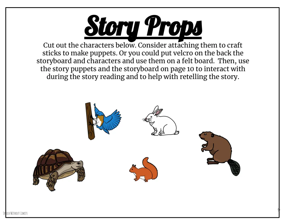 Story character cutouts of bird, rabbit, tortoise, squirrel, and beaver for puppets or felt-board retelling