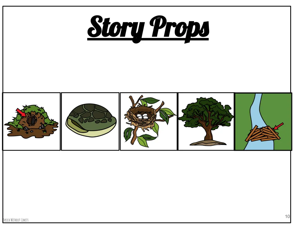 Story-prop storyboard shows a burrow, shell, nest, tree, and beaver dam to use with the character cutouts