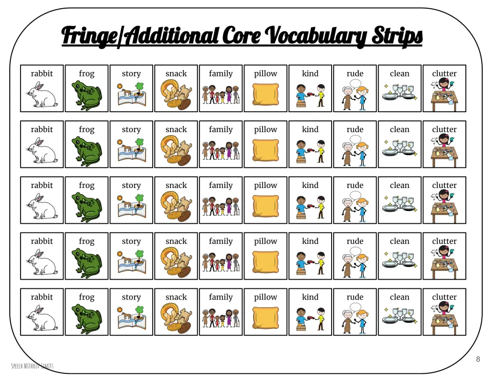 Vocabulary strips repeat 10 pictured words five times: rabbit, frog, story, snack, family, and five more