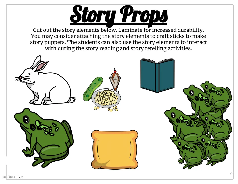 Cutout story props for reading and retelling include a rabbit, frog, frog group, book, snack, and pillow