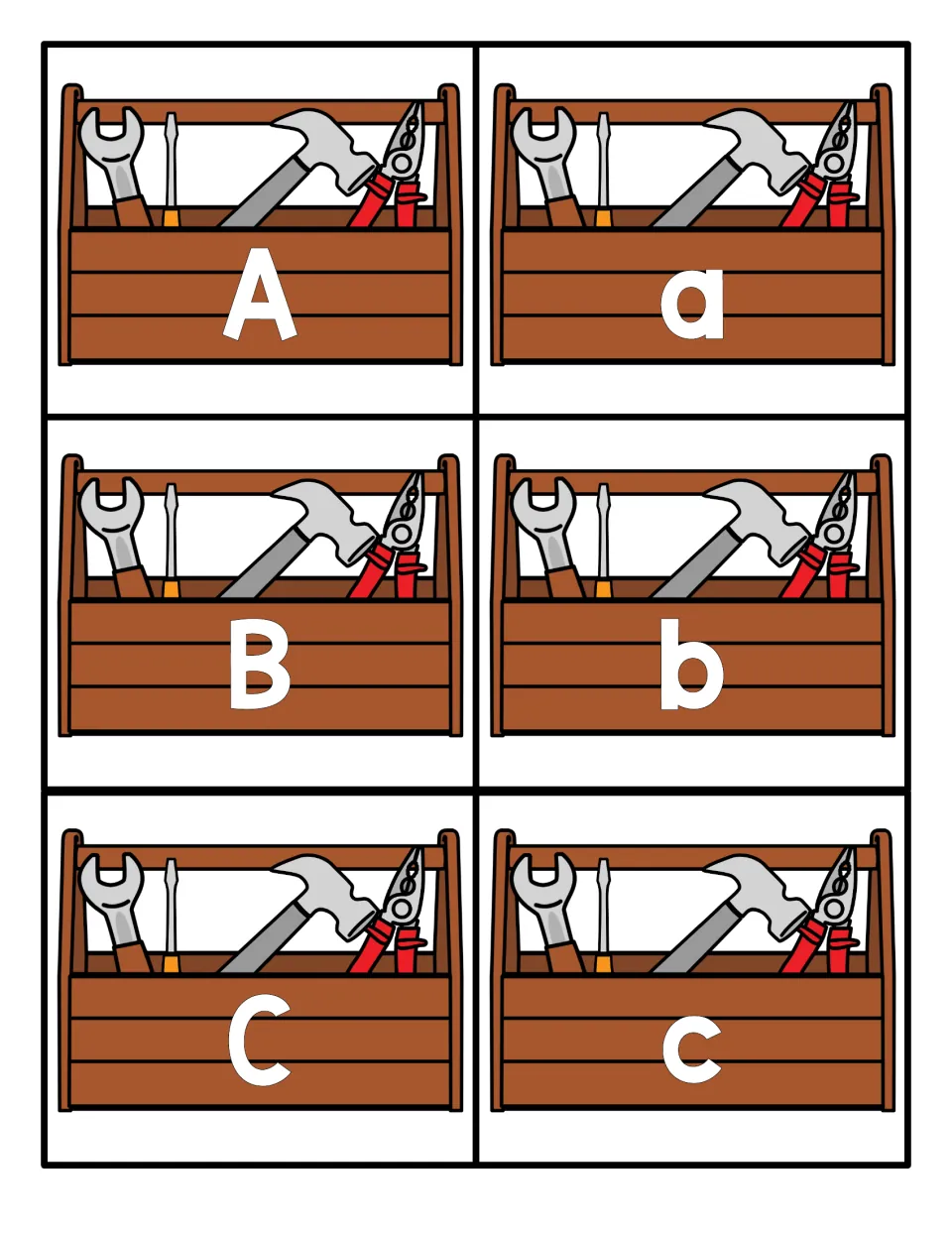 Letters A, B and C: six toolbox cards pair each uppercase letter with its lowercase match for letter recognition