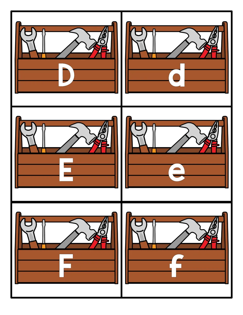 Letters D, E and F on toolbox cards, uppercase beside lowercase, for matching capital and small letter forms