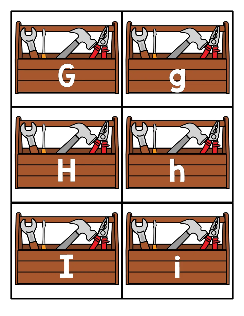 Letters G, H and I: wrench, hammer and pliers toolbox cards showing each capital next to its lowercase partner