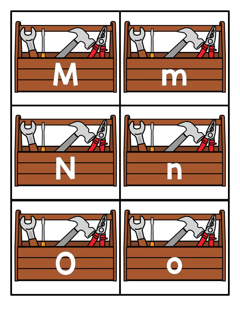 Letters M, N and O: toolbox picture cards with each uppercase letter and its lowercase form for pairing practice