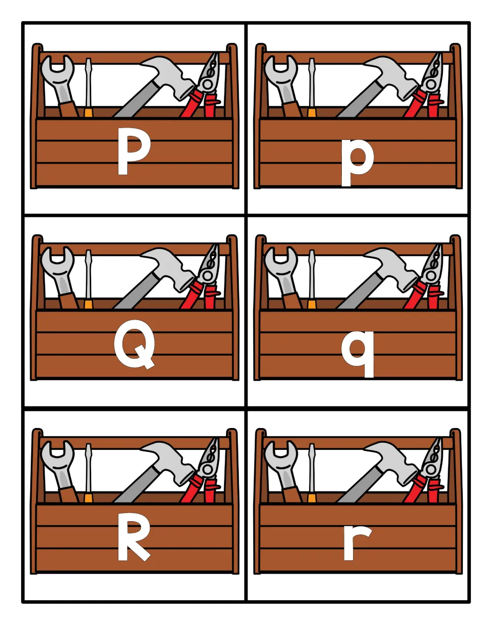 Letters P, Q and R on toolbox cards for matching capital P, Q, R to lowercase p, q, r, including look-alikes p and q
