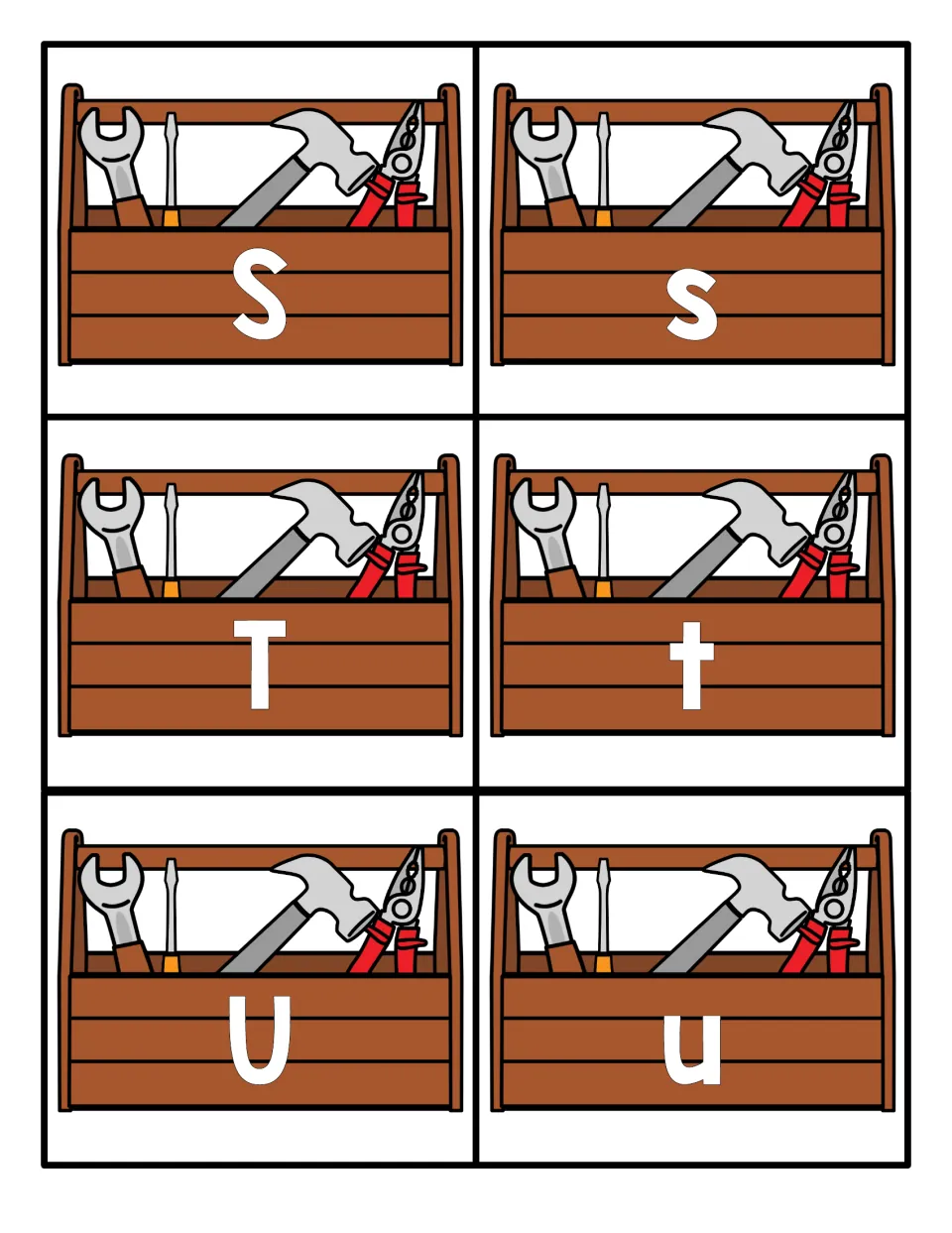 Letters S, T and U shown as uppercase and lowercase toolbox cards for sorting and matching letter partners