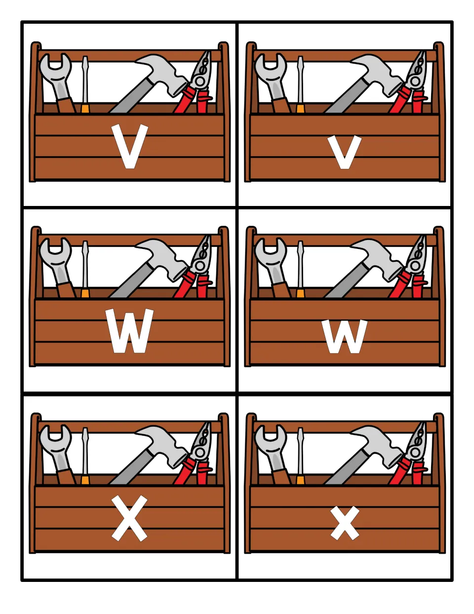 Letters V, W and X: toolbox cards with capital and lowercase forms for children to find and pair matching letters