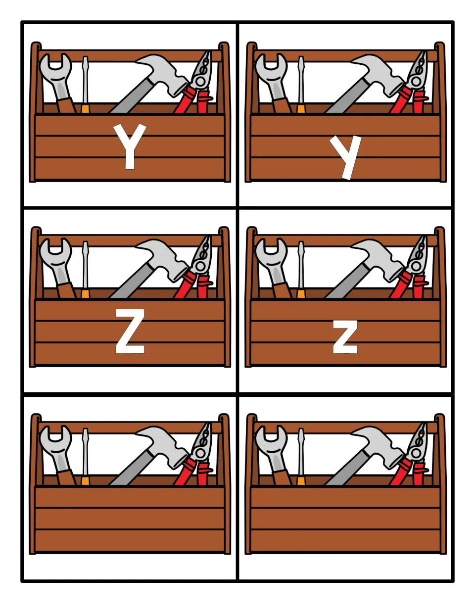 Letters Y and Z on uppercase and lowercase toolbox cards for matching, plus two blank toolbox cards with no letter