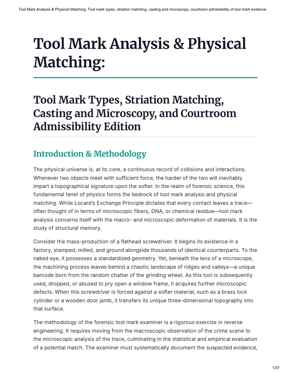 Opening reading introduces tool mark analysis, physical matching, surface deformation, and examiner methodology.