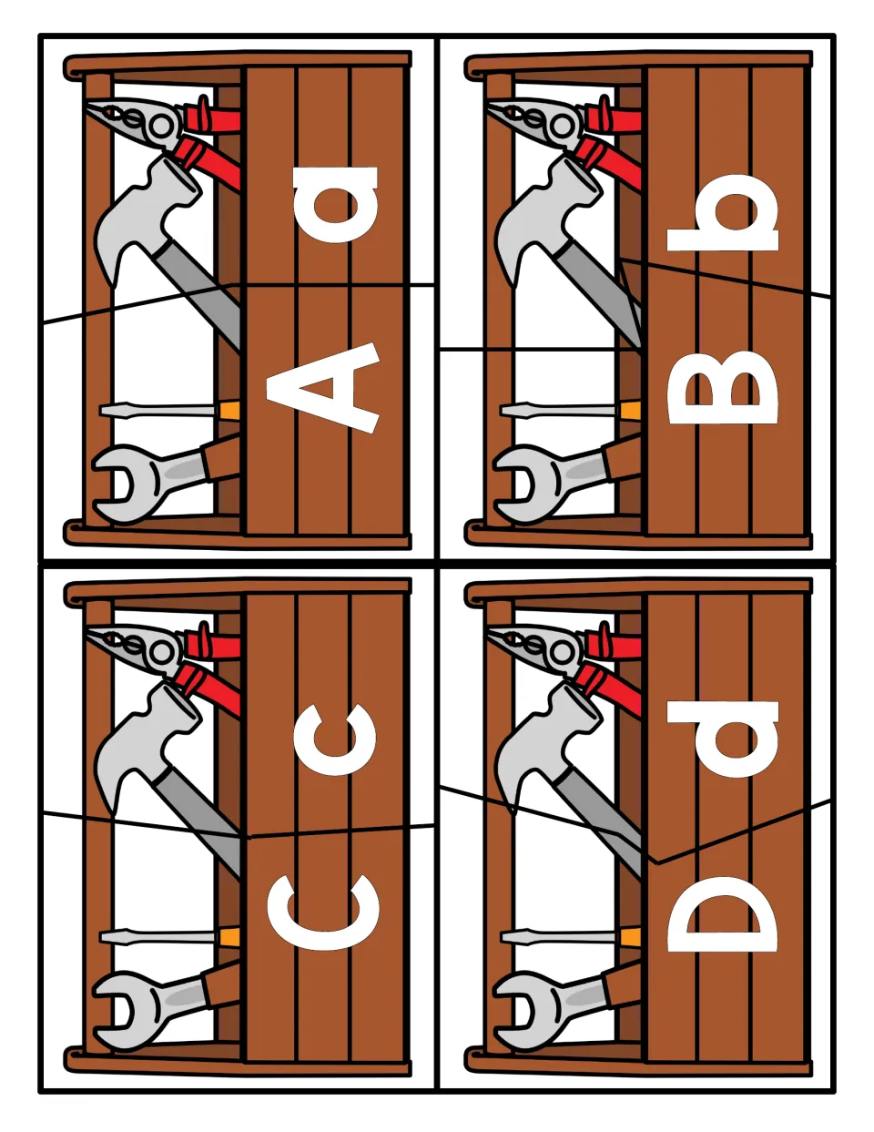 Letters A to D: students cut each toolbox card in two and match the uppercase letter half to its lowercase partner
